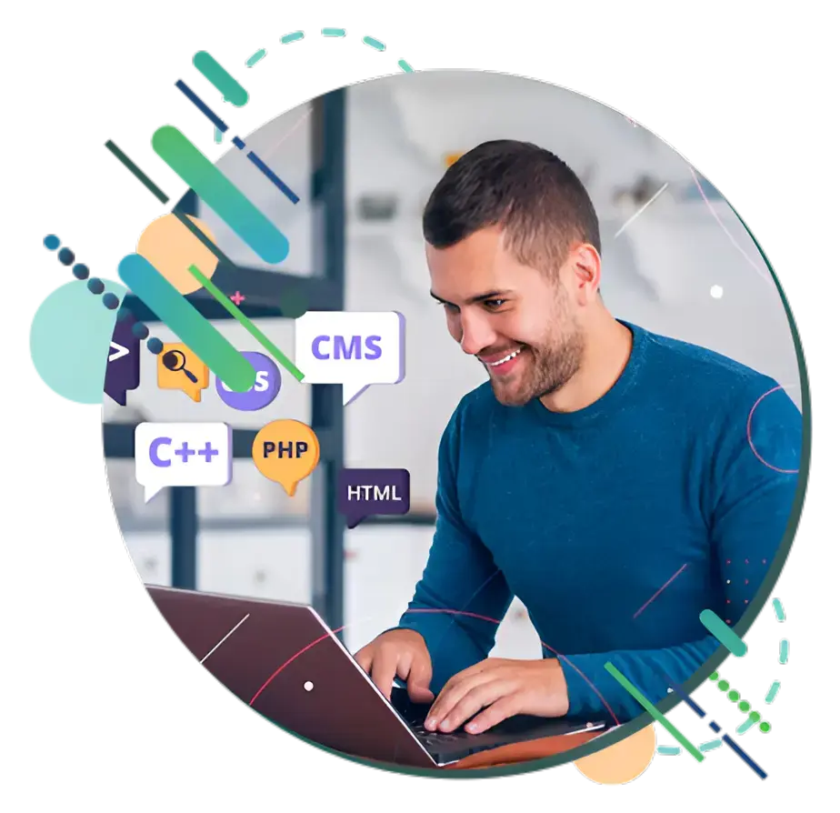 Web development workspace with purple blob design